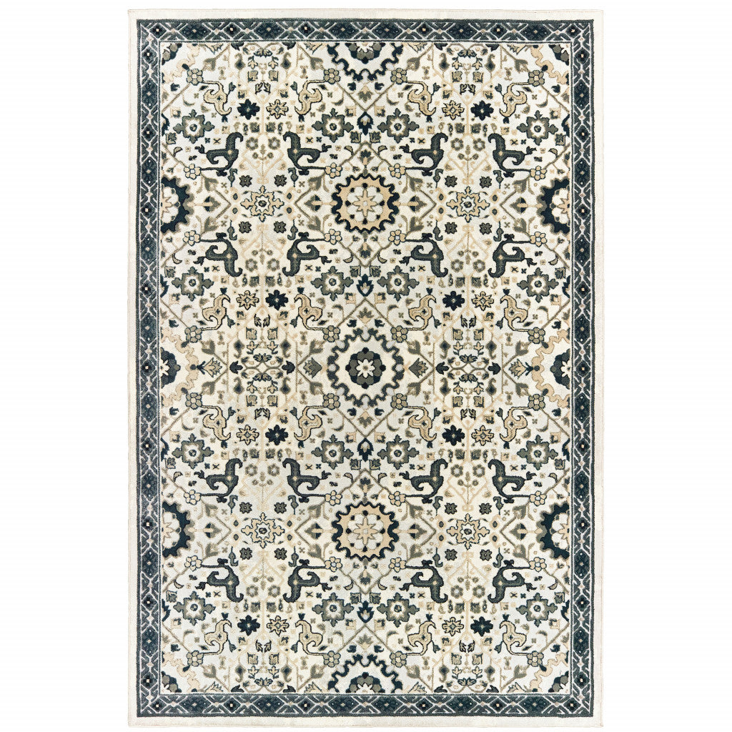 2' X 8' Ivory Navy And Gold Oriental Power Loom Stain Resistant Runner Rug