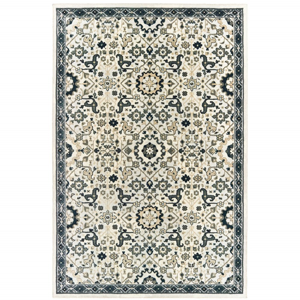 2' X 8' Ivory Navy And Gold Oriental Power Loom Stain Resistant Runner Rug