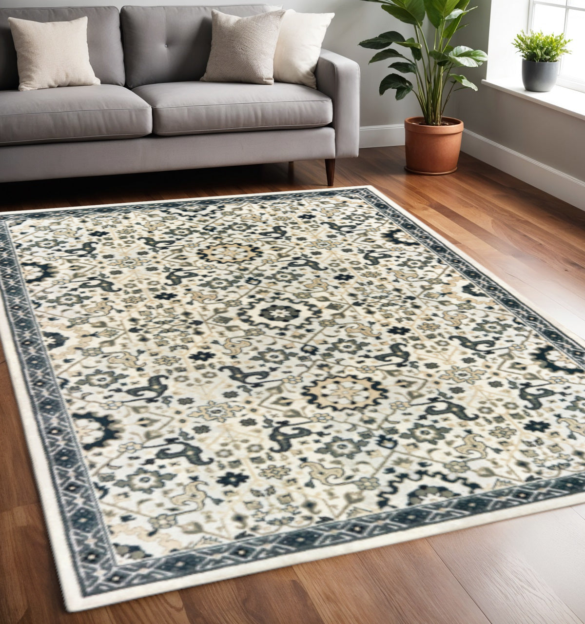 2' X 8' Ivory Navy And Gold Oriental Power Loom Stain Resistant Runner Rug