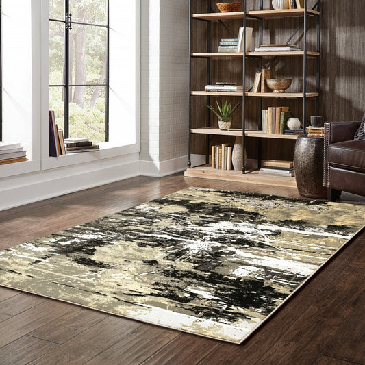 7' X 10' Black And Gold Abstract Area Rug