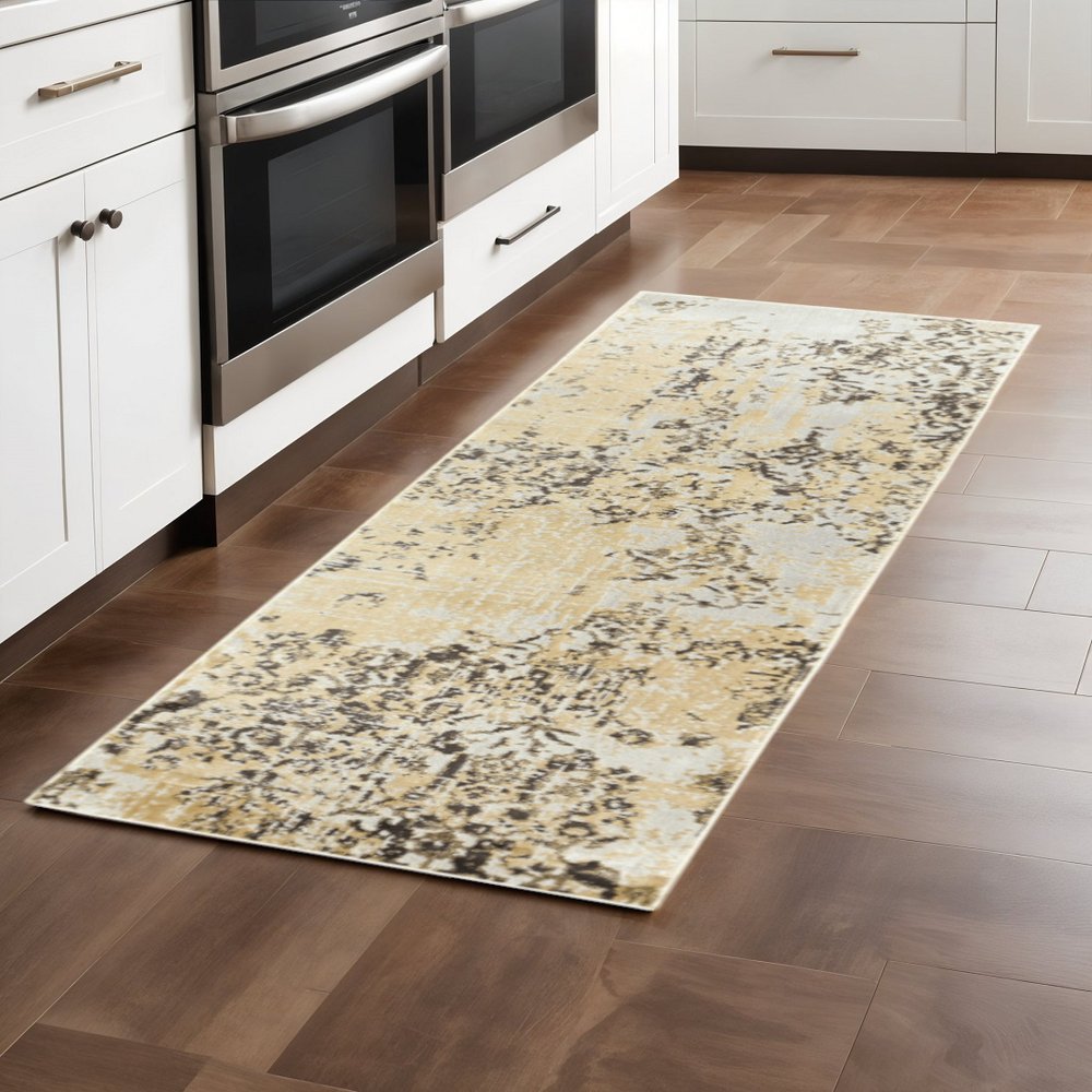 2' X 8' Grey And Gold Abstract Power Loom Stain Resistant Runner Rug