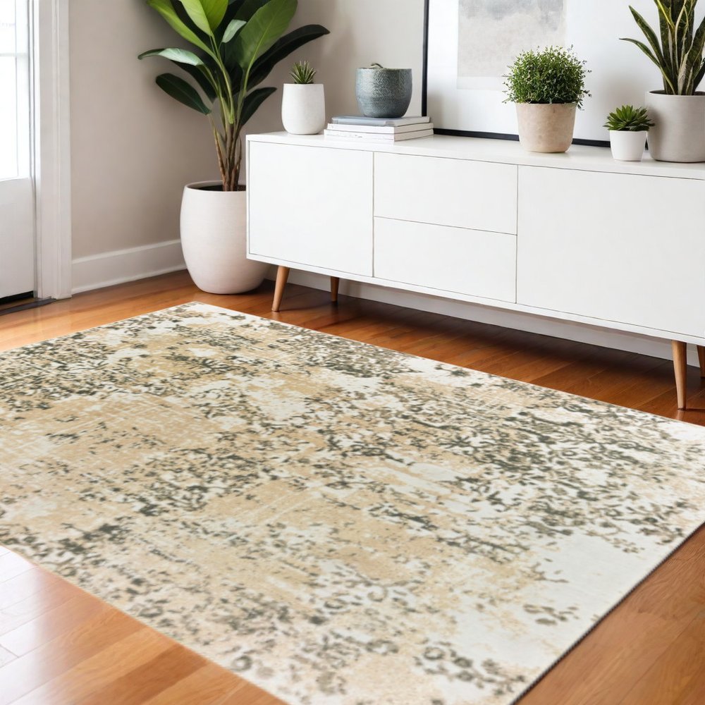 2' X 8' Grey And Gold Abstract Power Loom Stain Resistant Runner Rug