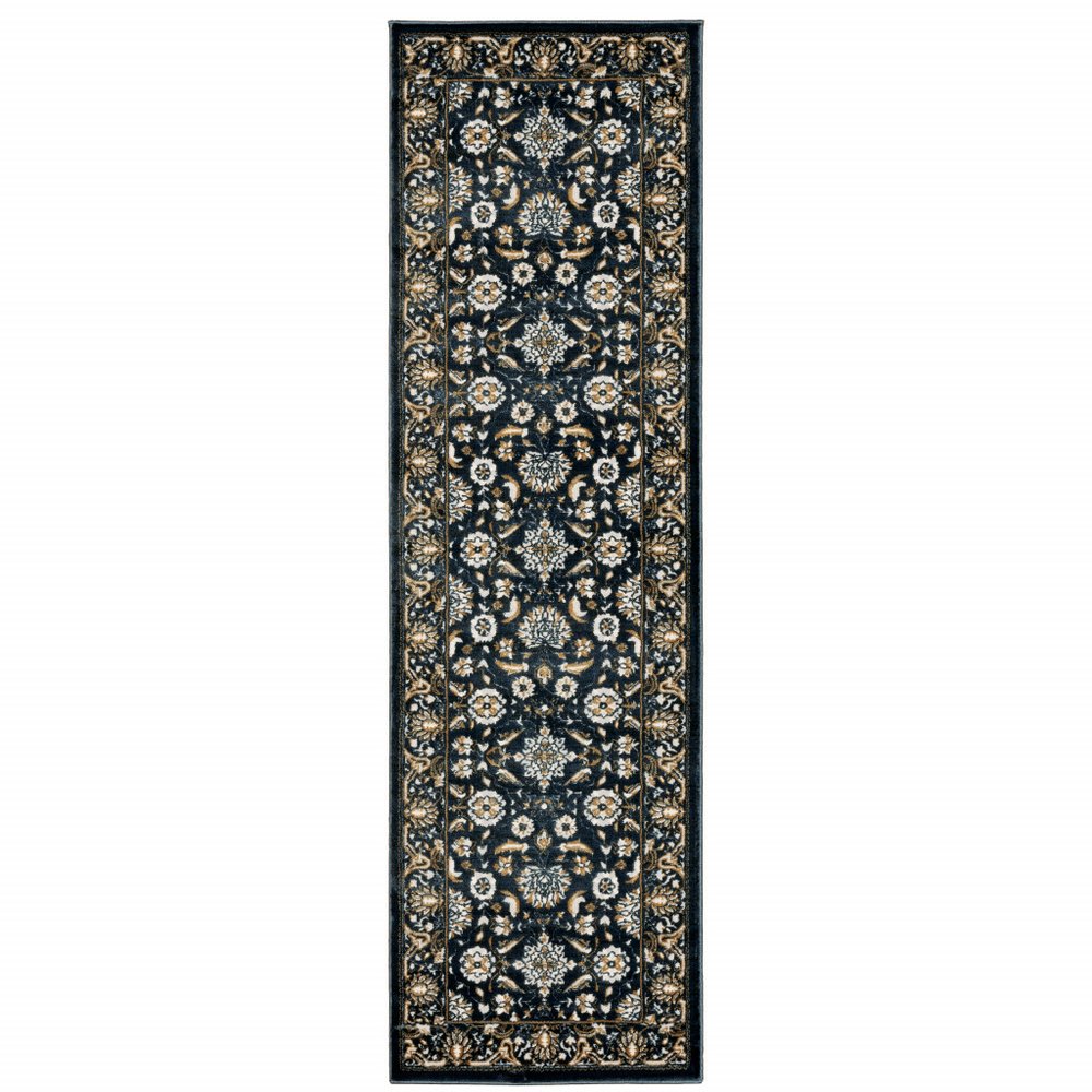 10' X 13' Navy Blue And Gold Oriental Area Rug