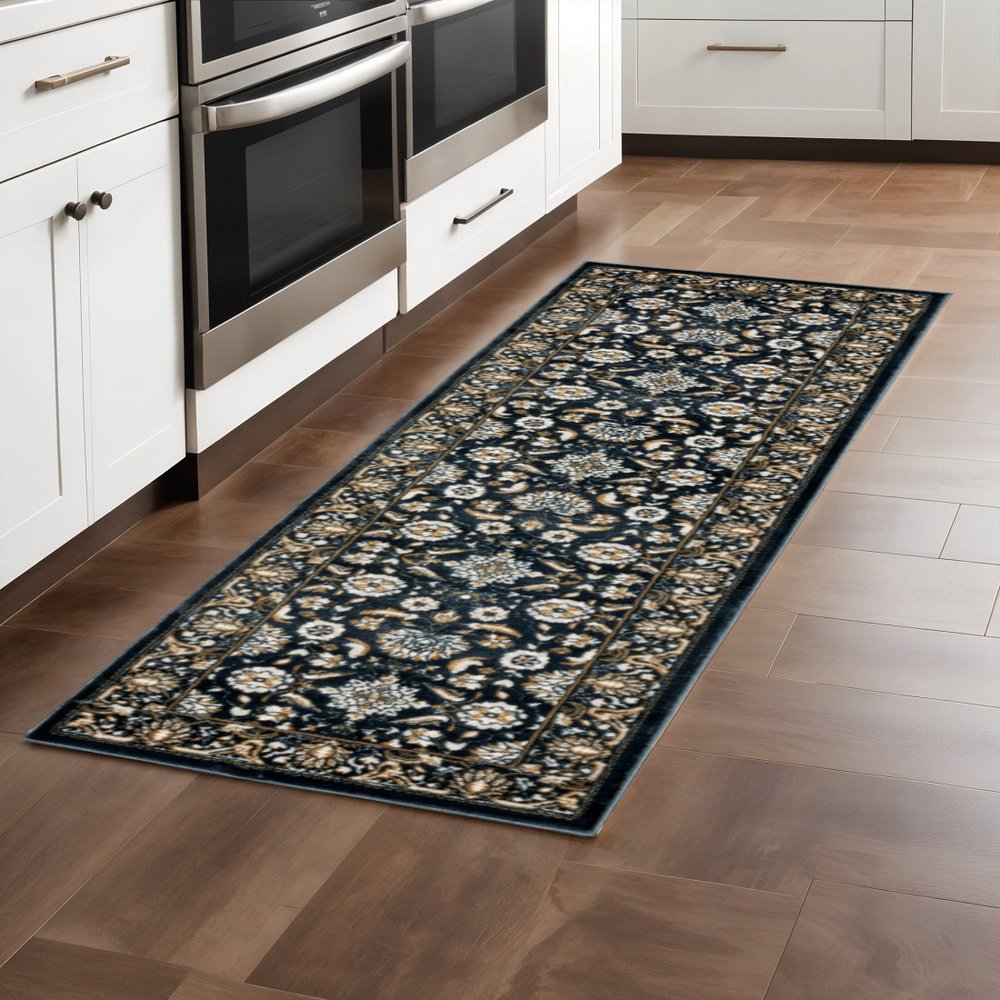10' X 13' Navy Blue And Gold Oriental Area Rug