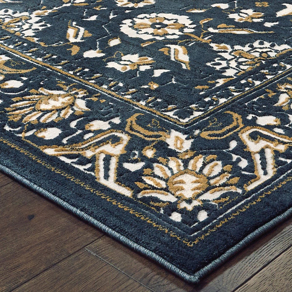 10' X 13' Navy Blue And Gold Oriental Area Rug