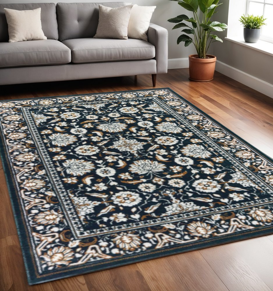 10' X 13' Navy Blue And Gold Oriental Area Rug