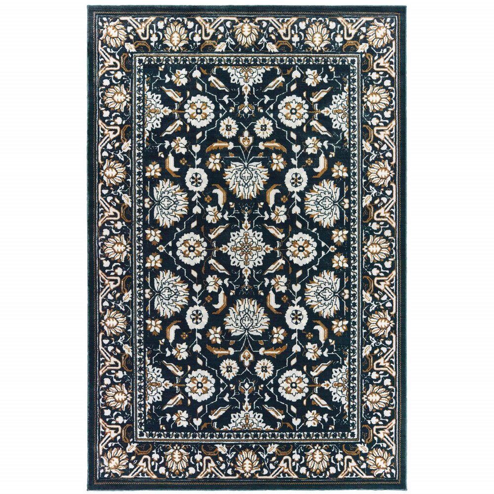10' X 13' Navy Blue And Gold Oriental Area Rug