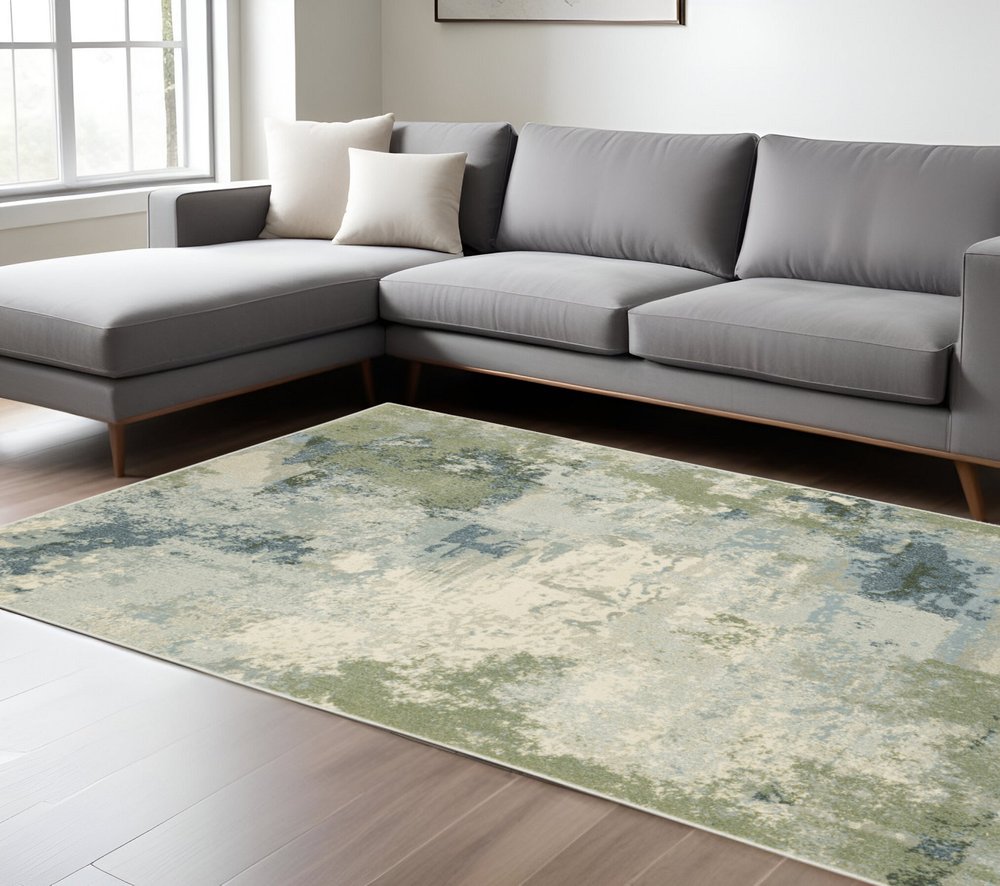 10' X 13' Blue And Green Abstract Distressed Area Rug