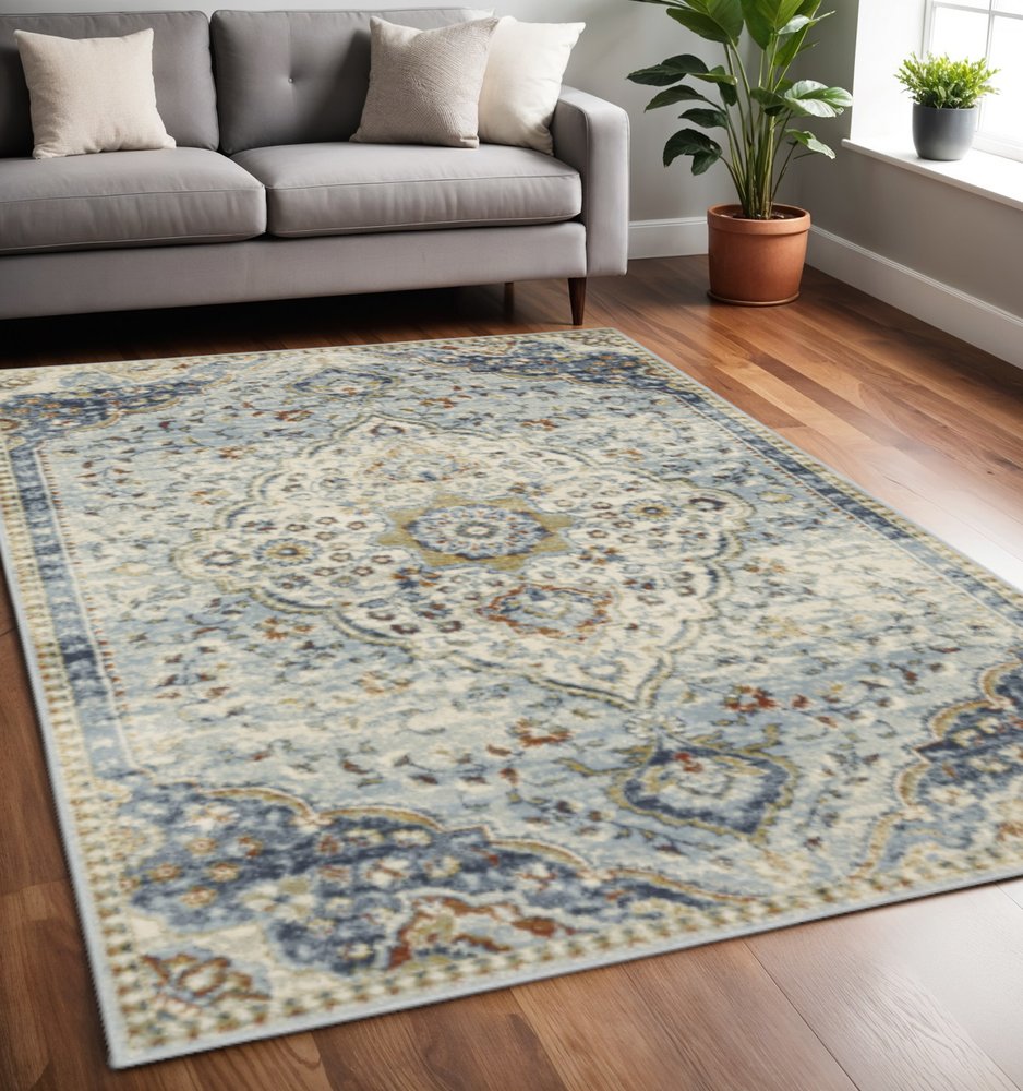 8' X 10' Blue And Beige Oriental Distressed Area Rug