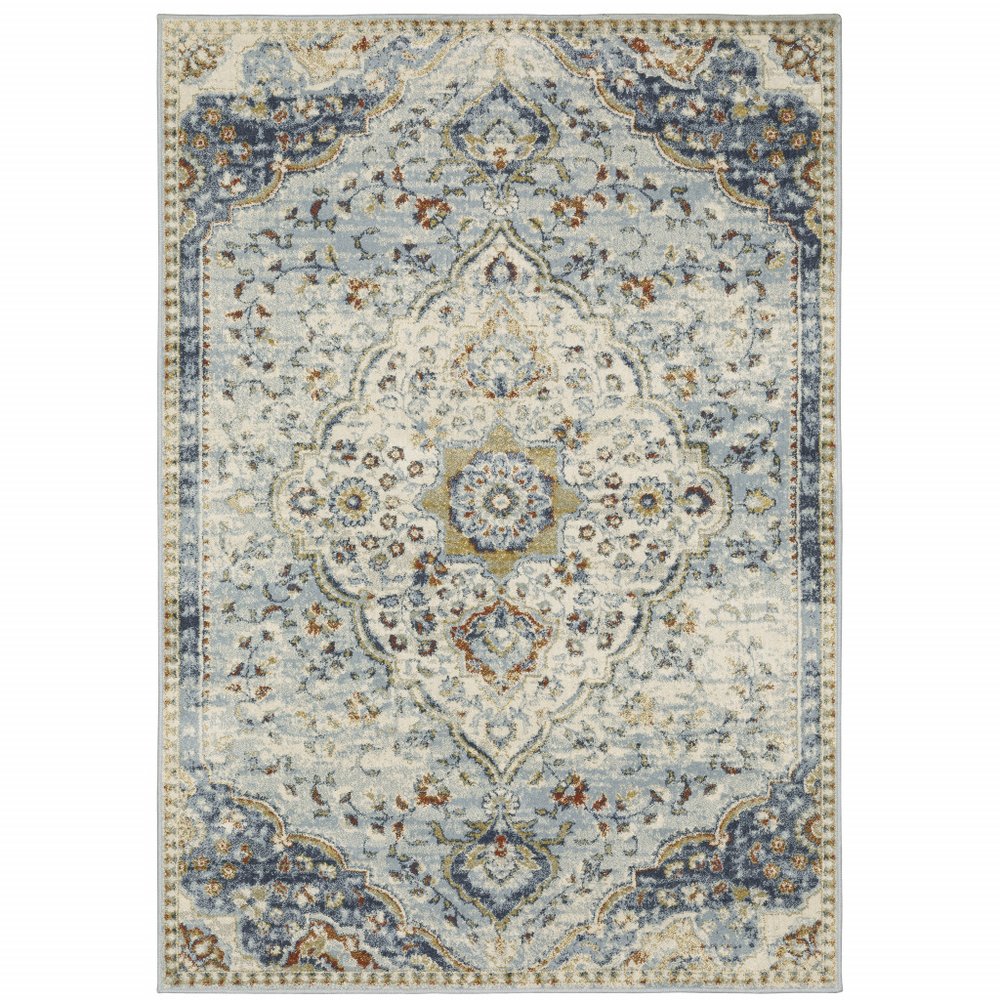 8' X 10' Blue And Beige Oriental Distressed Area Rug