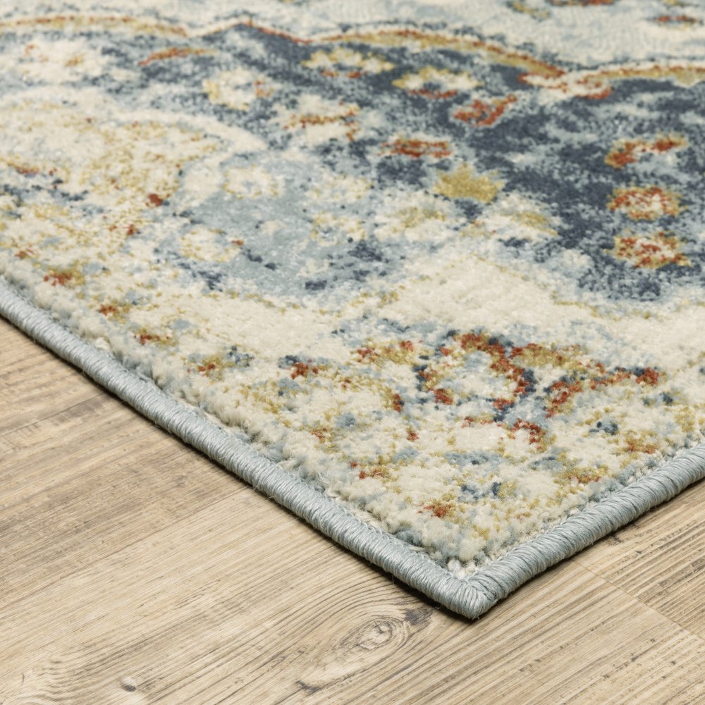 8' X 10' Blue And Beige Oriental Distressed Area Rug