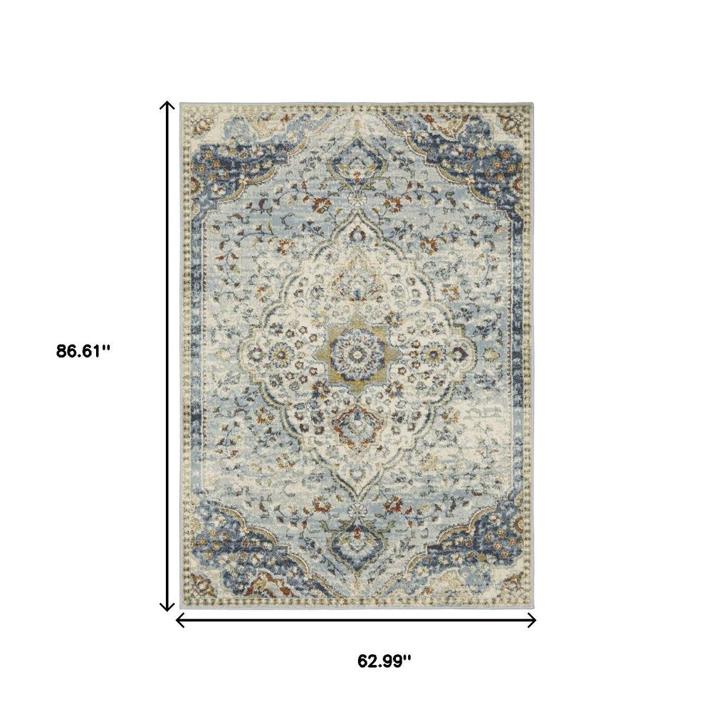 8' X 10' Blue And Beige Oriental Distressed Area Rug