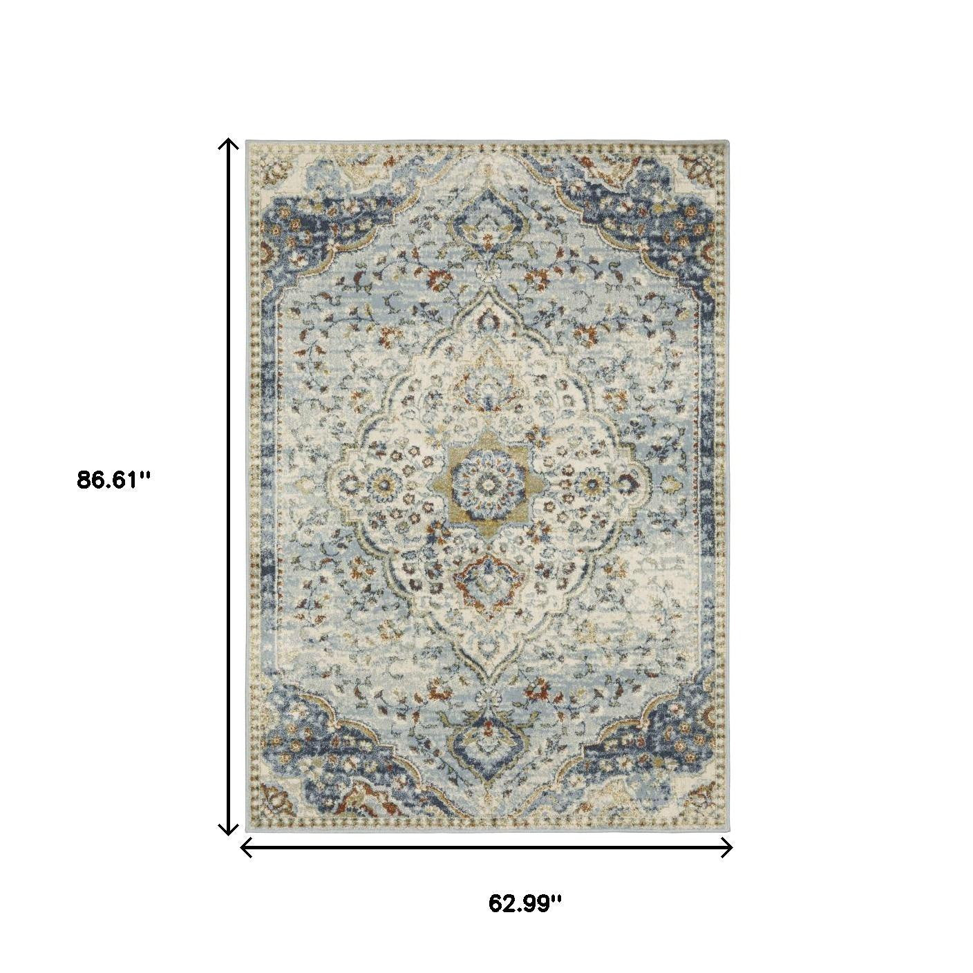 8' X 10' Blue And Beige Oriental Distressed Area Rug