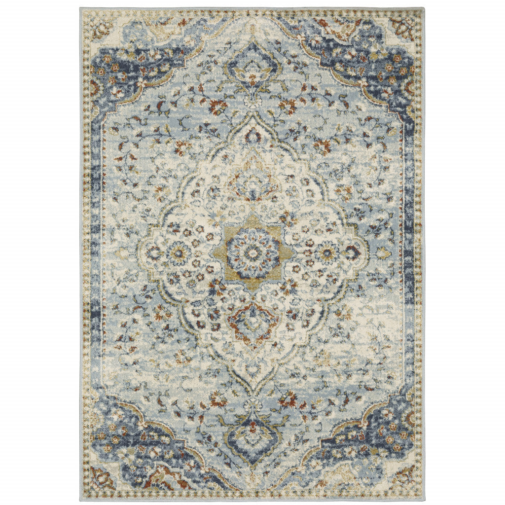 8' X 10' Blue And Beige Oriental Distressed Area Rug
