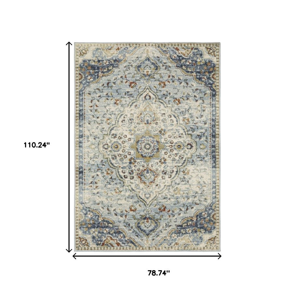 8' X 10' Blue And Beige Oriental Distressed Area Rug