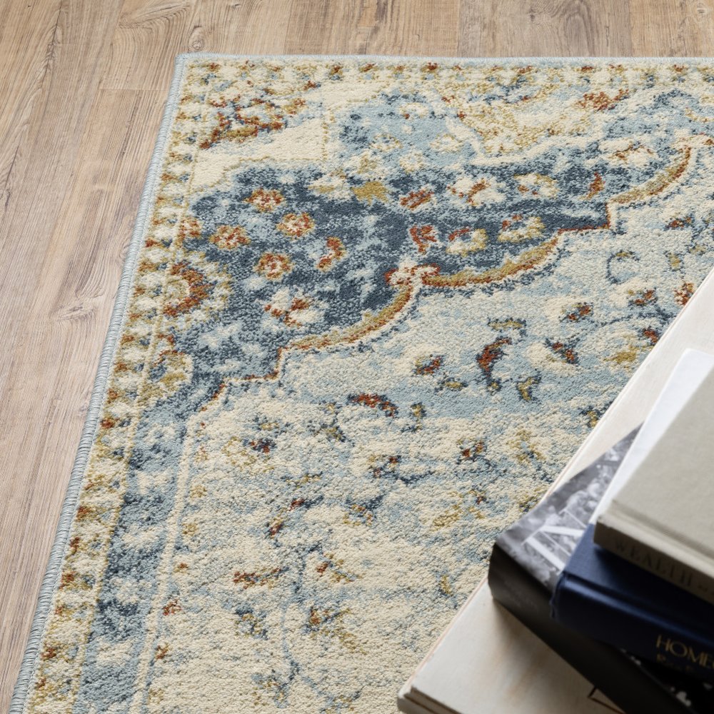 8' X 10' Blue And Beige Oriental Distressed Area Rug