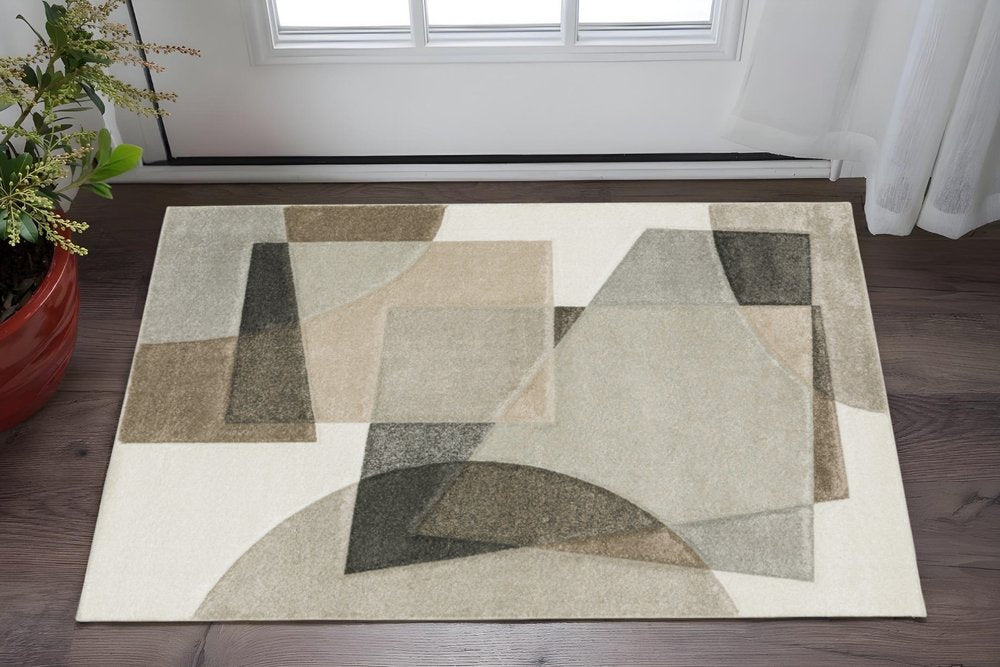 10' X 13' Beige Geometric Power Loom Stain Resistant Area Rug