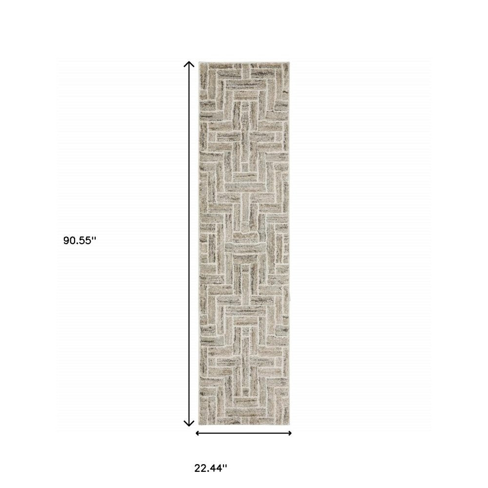 5' X 8' Ivory Beige Grey Brown Pale Blue And Charcoal Geometric Power Loom Stain Resistant Area Rug