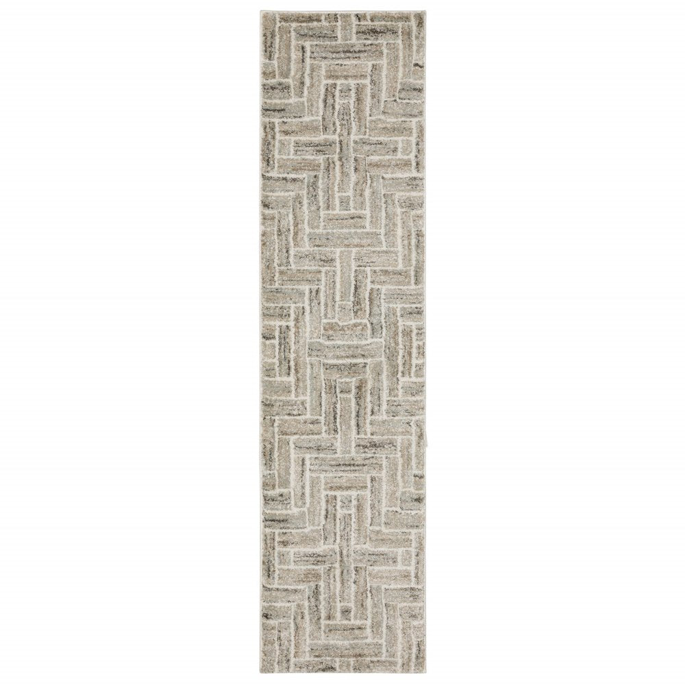 5' X 8' Ivory Beige Grey Brown Pale Blue And Charcoal Geometric Power Loom Stain Resistant Area Rug