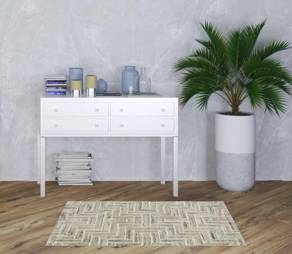 5' X 8' Ivory Beige Grey Brown Pale Blue And Charcoal Geometric Power Loom Stain Resistant Area Rug