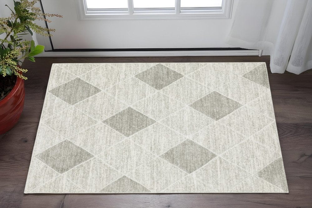 2' X 8' Grey And Ivory Geometric Power Loom Stain Resistant Runner Rug