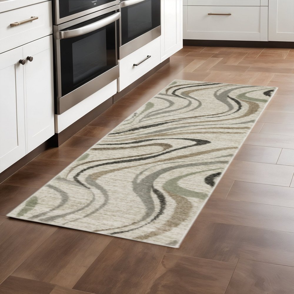 10' X 13' Beige Grey Brown Sage Pale Blue Tan And Charcoal Abstract Power Loom Stain Resistant Area Rug
