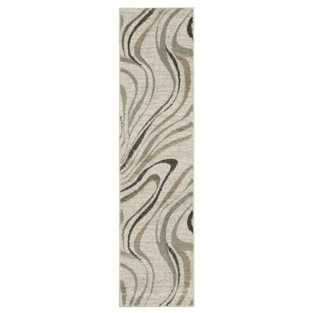 10' X 13' Beige Grey Brown Sage Pale Blue Tan And Charcoal Abstract Power Loom Stain Resistant Area Rug