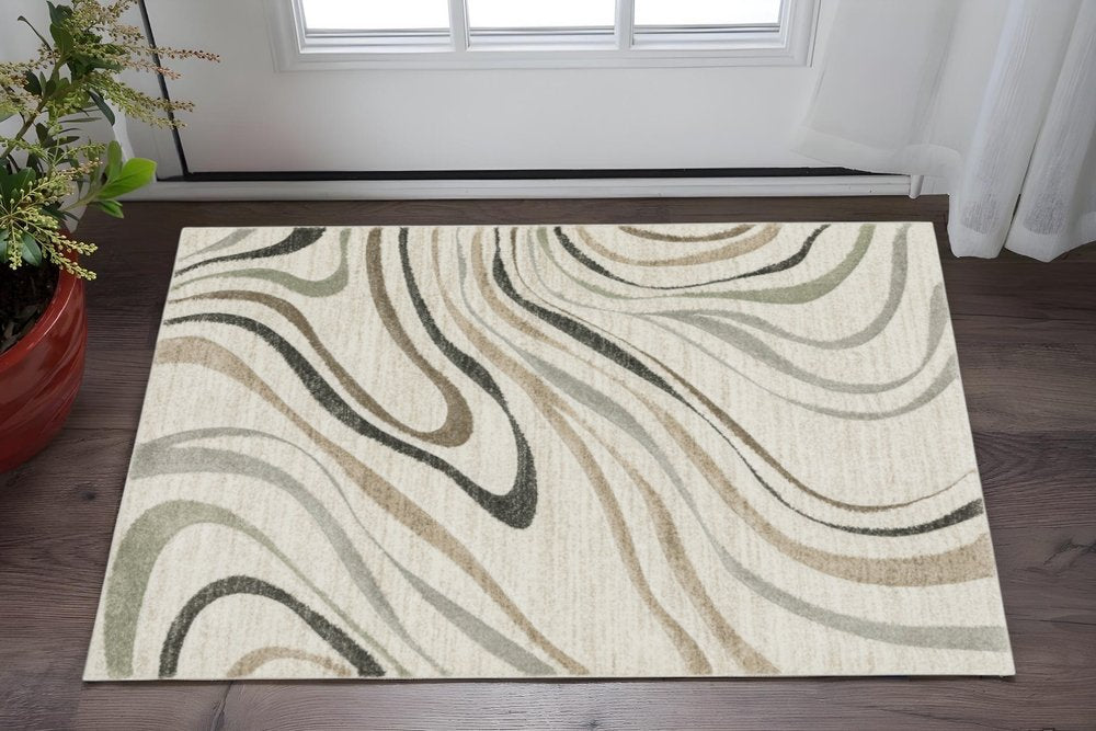 10' X 13' Beige Grey Brown Sage Pale Blue Tan And Charcoal Abstract Power Loom Stain Resistant Area Rug