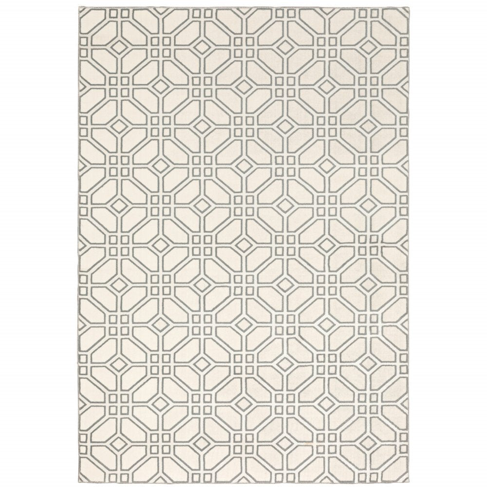 10' X 13' Ivory And Grey Geometric Power Loom Stain Resistant Area Rug