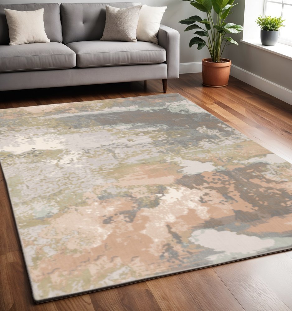 7' X 10' Gray Pink And Cream Abstract Area Rug