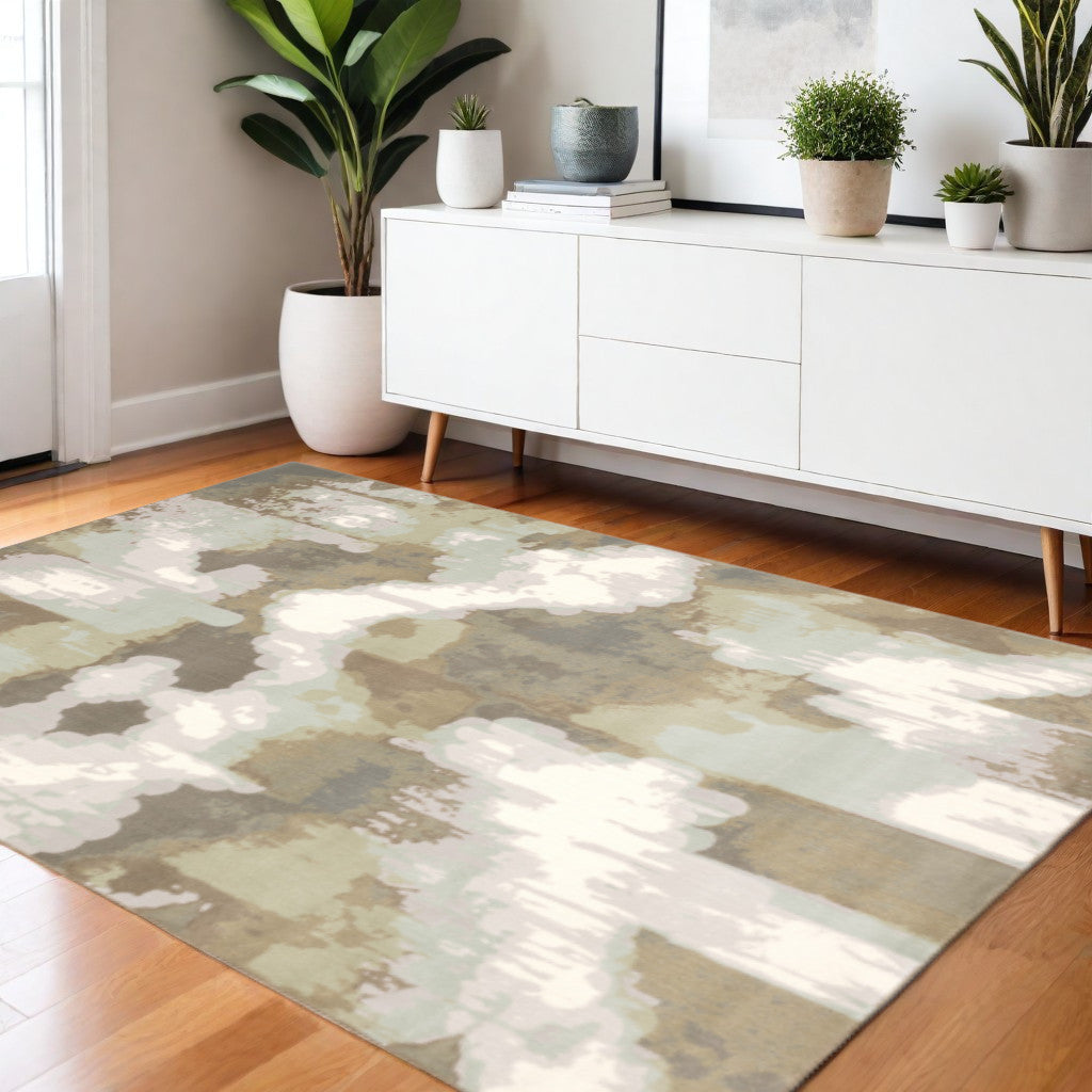 4' X 6' Sage Grey And Brown Abstract Power Loom Stain Resistant Area Rug