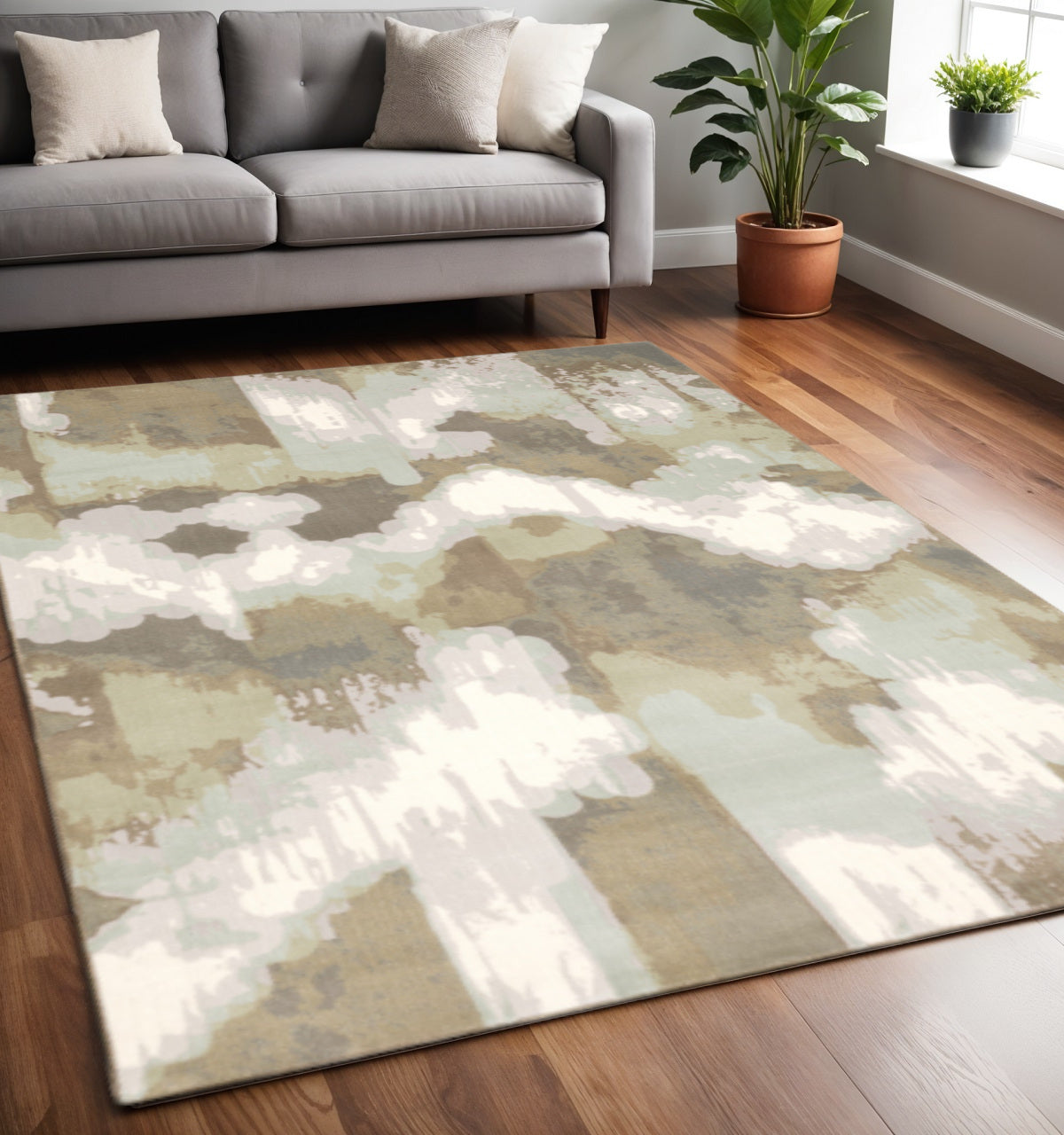 4' X 6' Sage Grey And Brown Abstract Power Loom Stain Resistant Area Rug