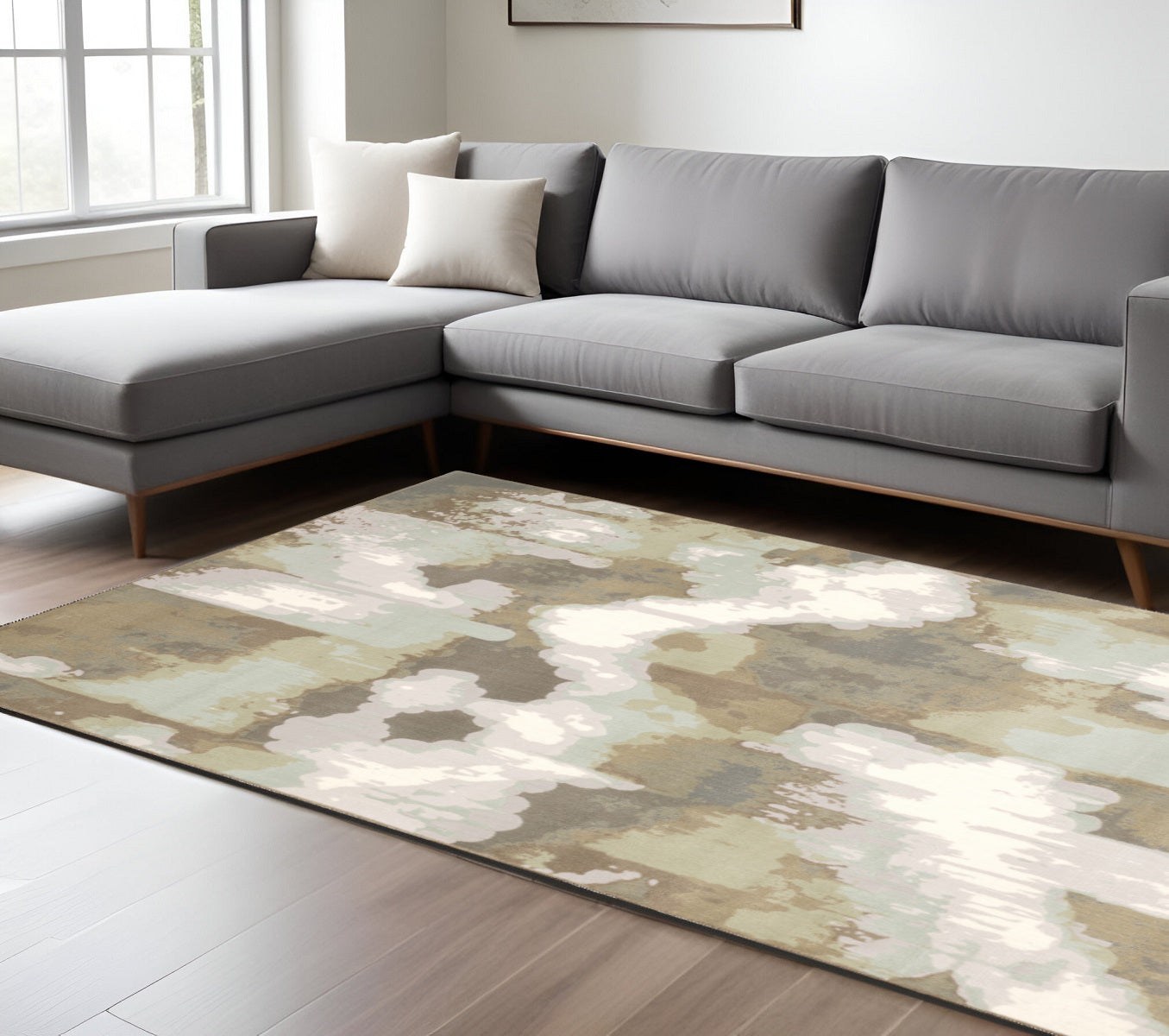 4' X 6' Sage Grey And Brown Abstract Power Loom Stain Resistant Area Rug