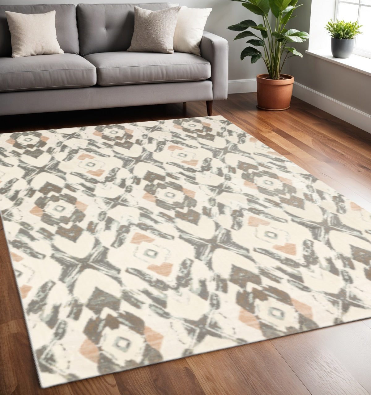 4' X 6' Ivory Pink And Sage Geometric Power Loom Stain Resistant Area Rug