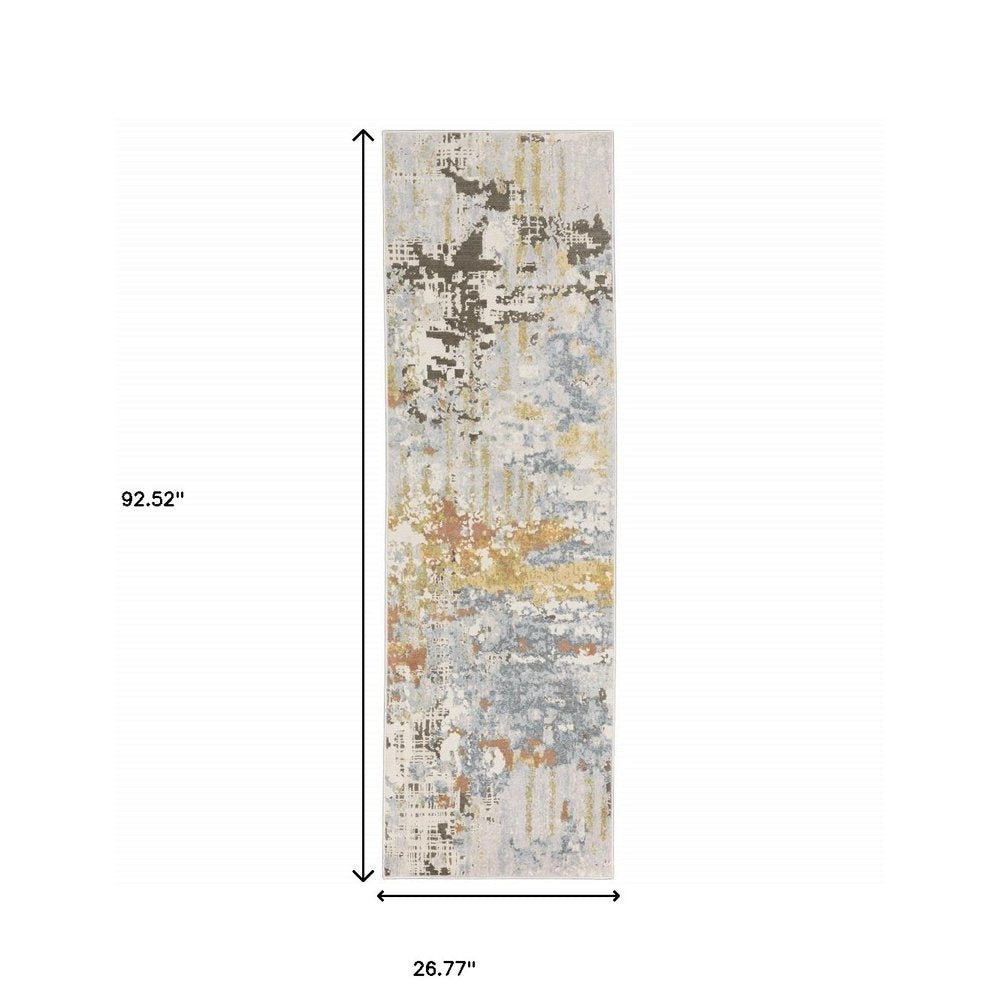 5' X 8' Grey Blue Beige Gold And Rust Abstract Power Loom Stain Resistant Area Rug