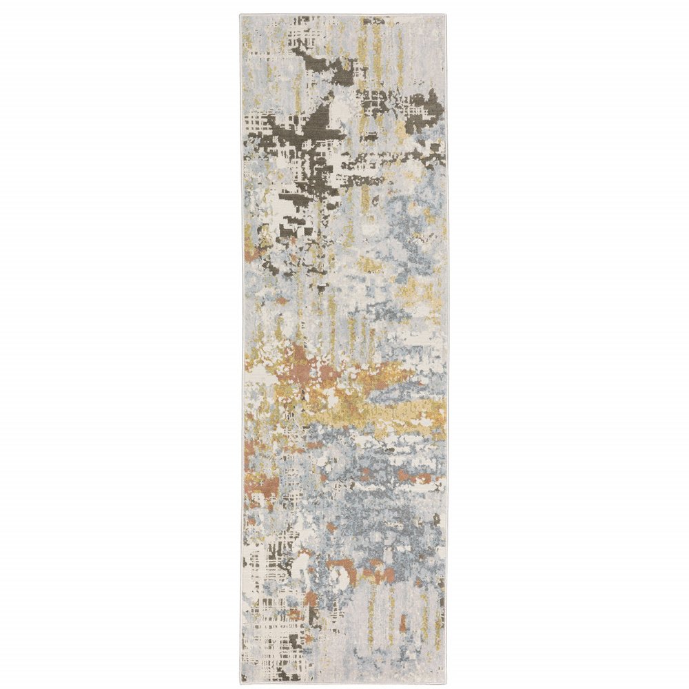 5' X 8' Grey Blue Beige Gold And Rust Abstract Power Loom Stain Resistant Area Rug