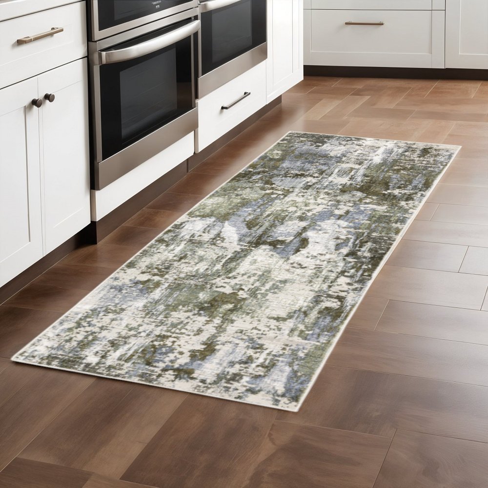 2' X 8' Green Blue Grey Ivory And Brown Abstract Power Loom Stain Resistant Runner Rug