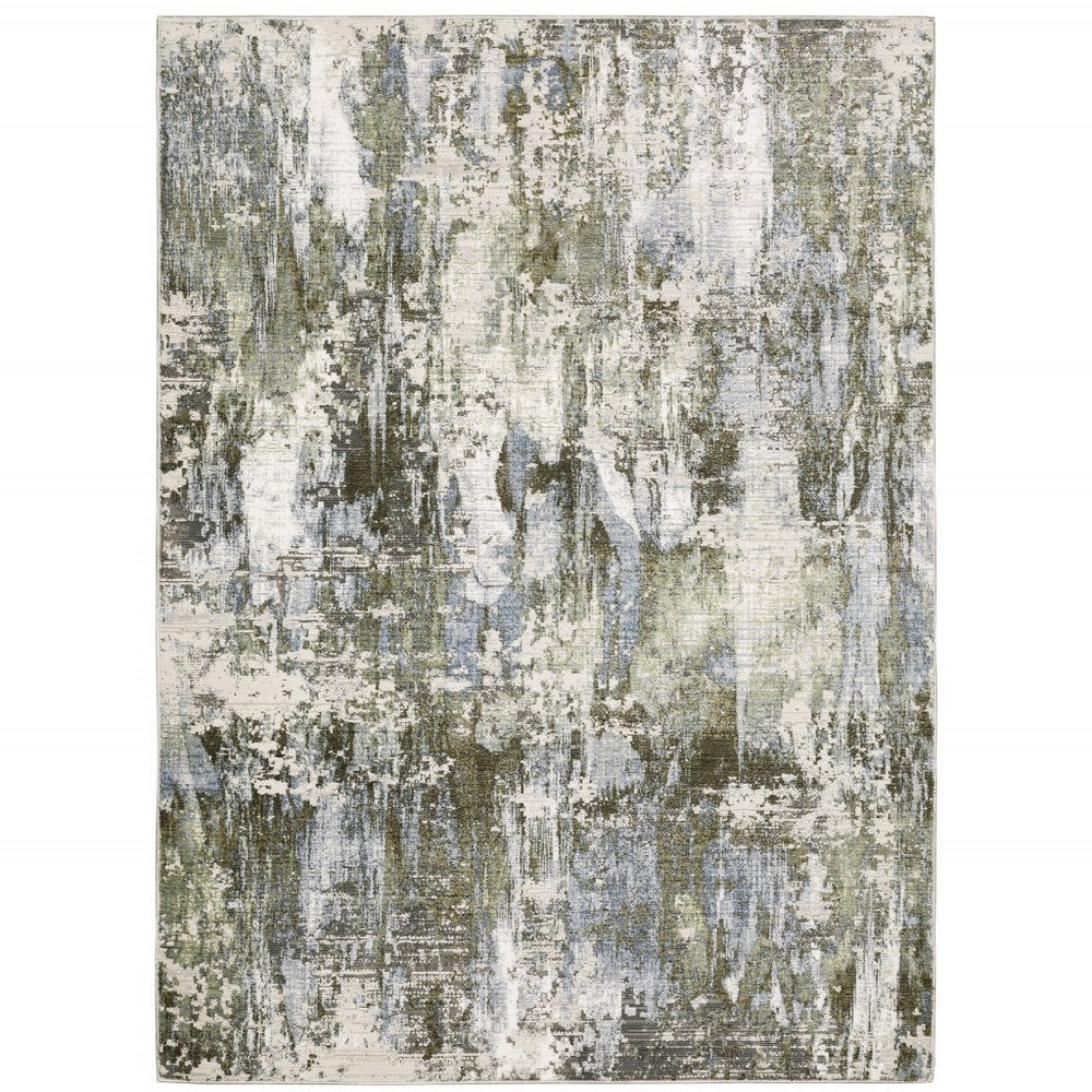 2' X 8' Green Blue Grey Ivory And Brown Abstract Power Loom Stain Resistant Runner Rug