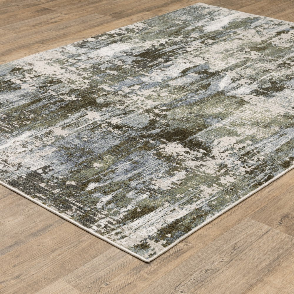 2' X 8' Green Blue Grey Ivory And Brown Abstract Power Loom Stain Resistant Runner Rug