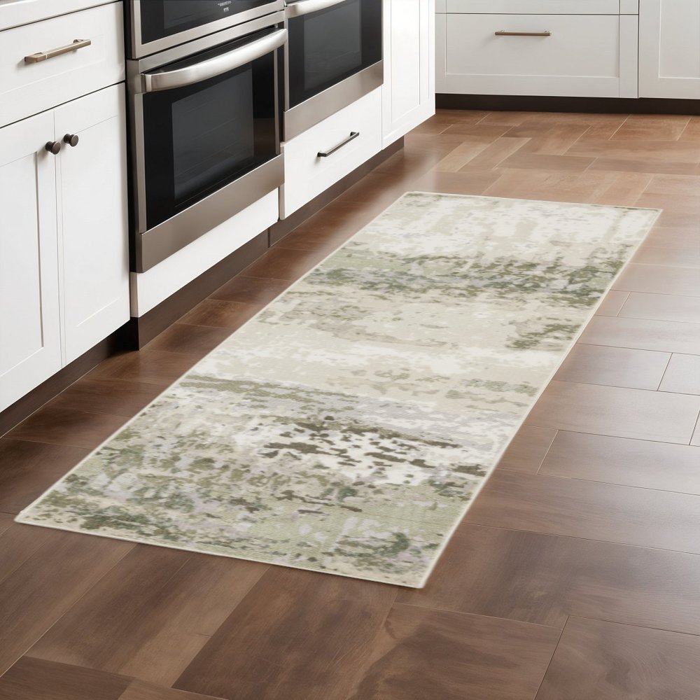 3' X 5' Beige Grey Brown And Sage Green Abstract Power Loom Stain Resistant Area Rug