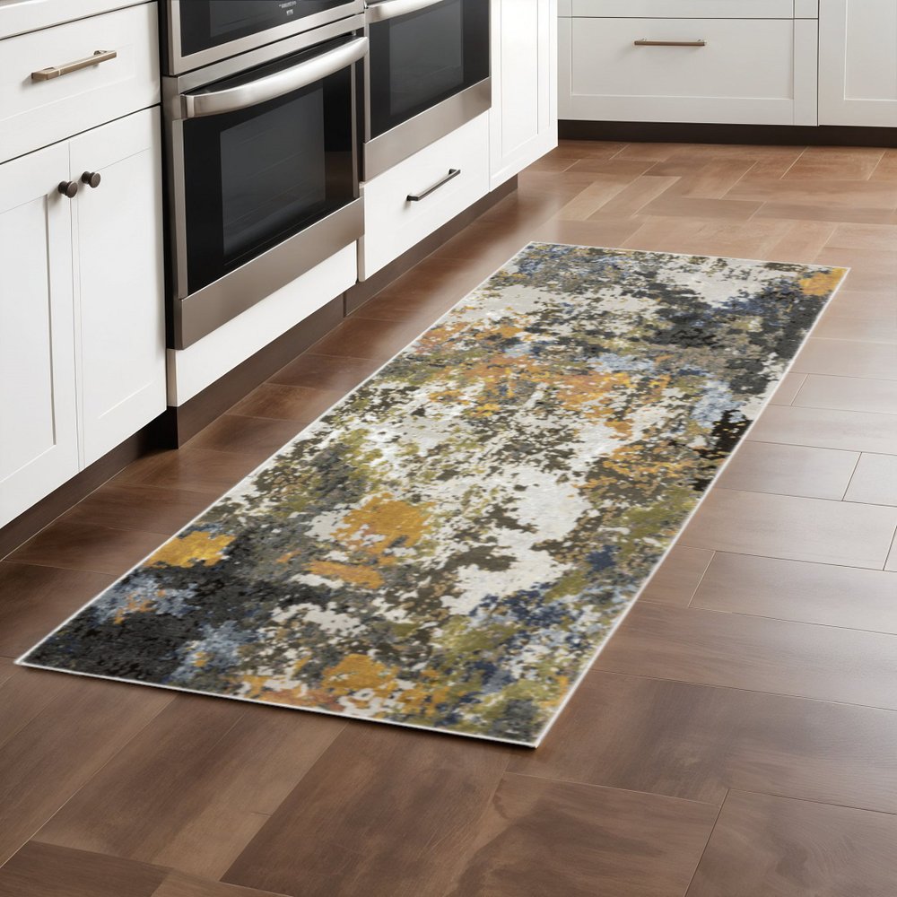 3' X 5' Grey Gold Blue Orange Beige And Brown Abstract Power Loom Stain Resistant Area Rug