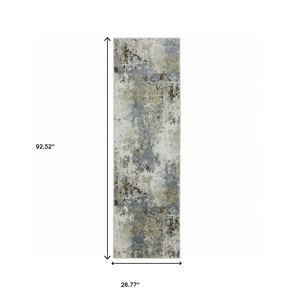 2' X 8' Blue Grey Green And Beige Abstract Power Loom Stain Resistant Runner Rug