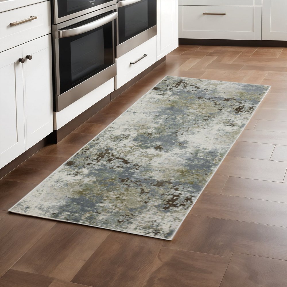 2' X 8' Blue Grey Green And Beige Abstract Power Loom Stain Resistant Runner Rug