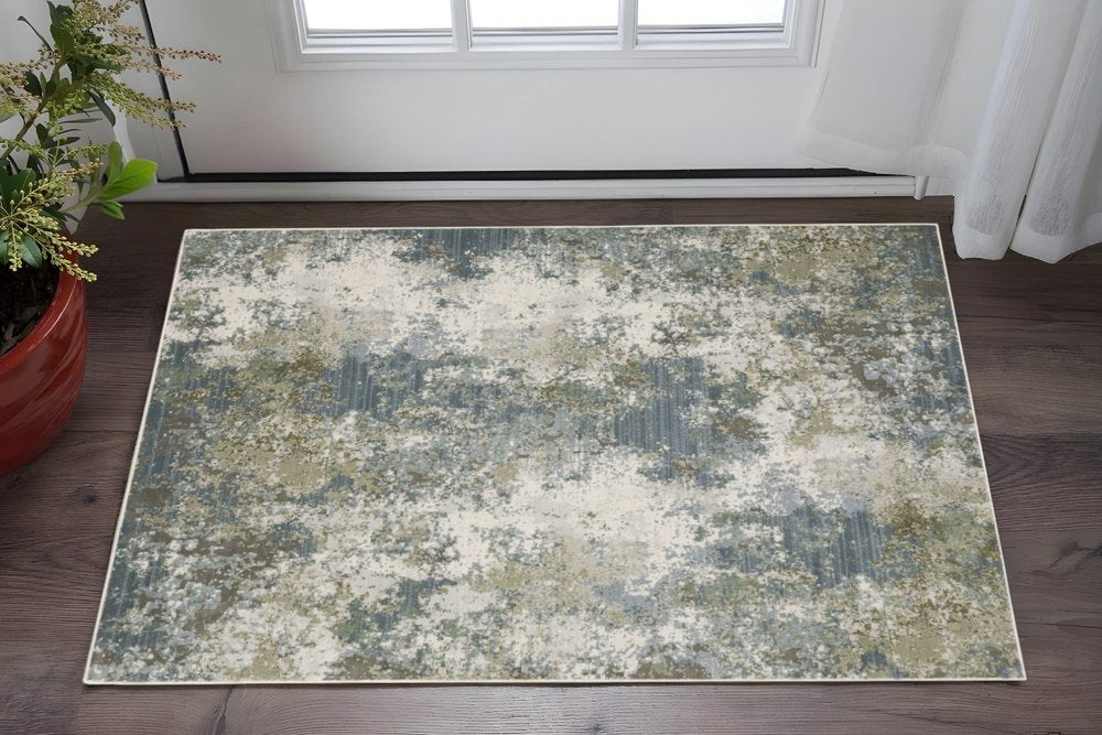 2' X 8' Blue Grey Green And Beige Abstract Power Loom Stain Resistant Runner Rug