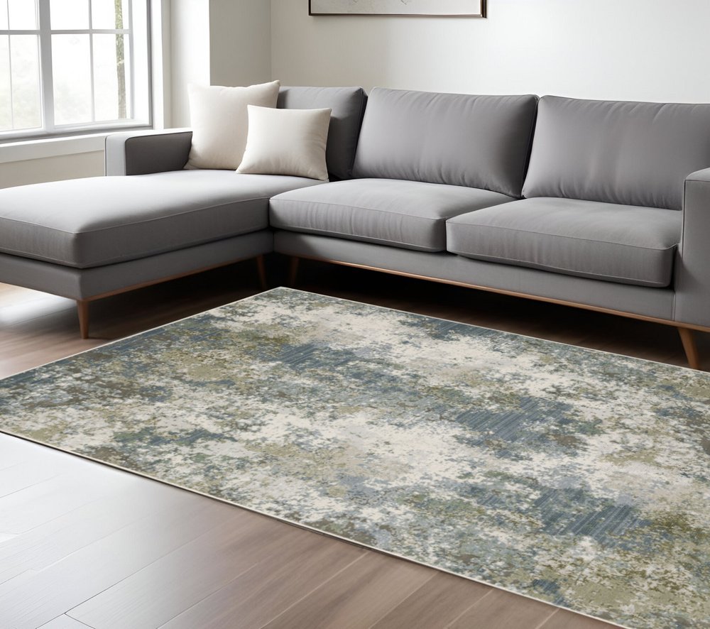 2' X 8' Blue Grey Green And Beige Abstract Power Loom Stain Resistant Runner Rug