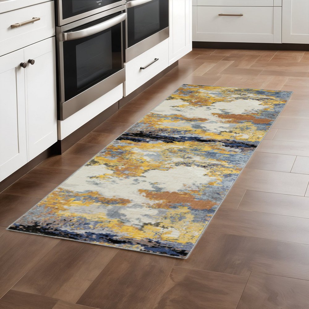 5' X 8' Yellow Gold Blue Grey Brown And Beige Abstract Power Loom Stain Resistant Area Rug