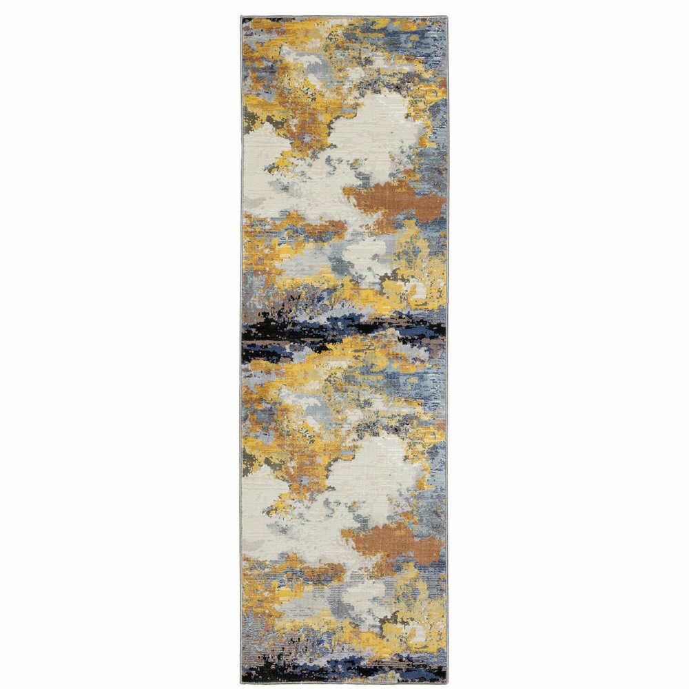5' X 8' Yellow Gold Blue Grey Brown And Beige Abstract Power Loom Stain Resistant Area Rug