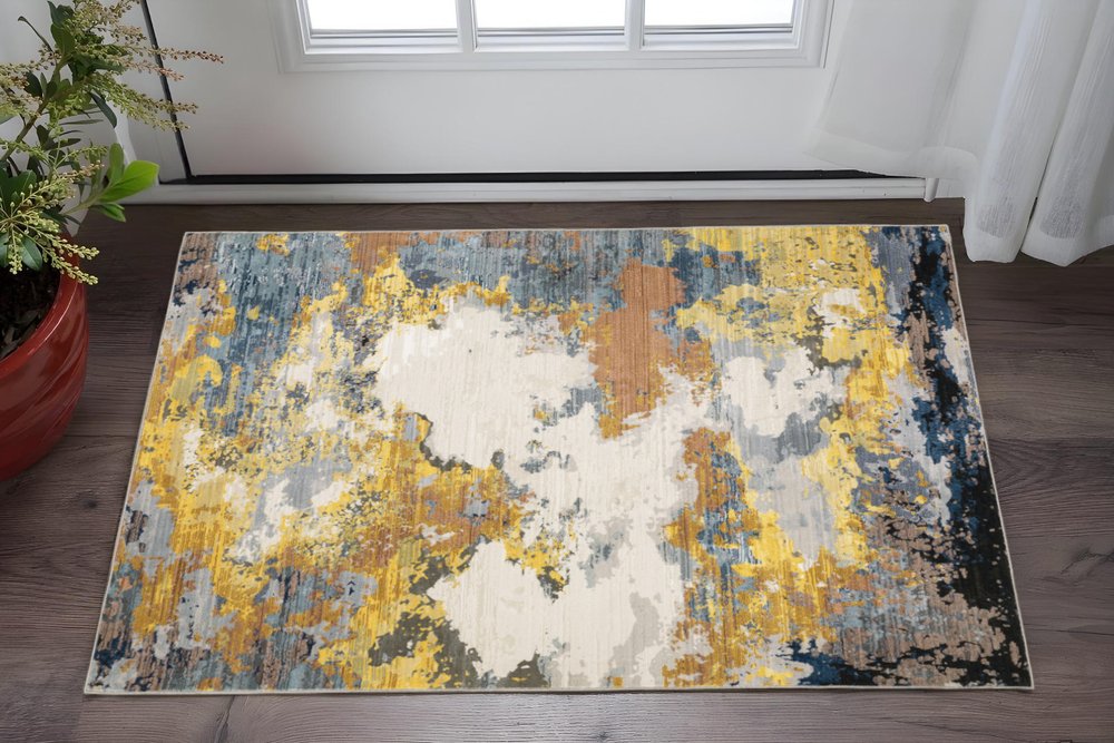 5' X 8' Yellow Gold Blue Grey Brown And Beige Abstract Power Loom Stain Resistant Area Rug