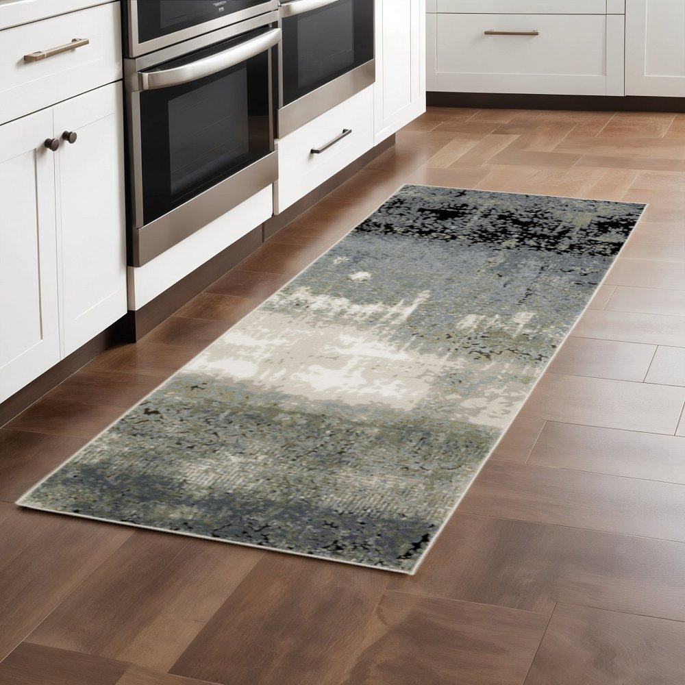 10' X 13' Blue Green Grey And Beige Abstract Power Loom Stain Resistant Area Rug
