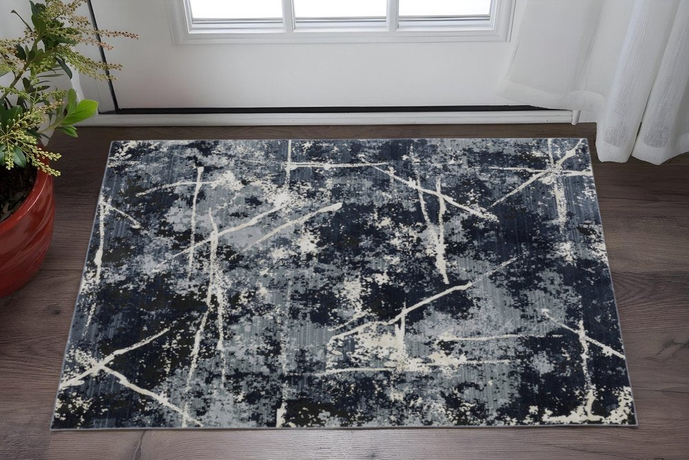 10' X 13' Blue Grey And Beige Abstract Power Loom Stain Resistant Area Rug